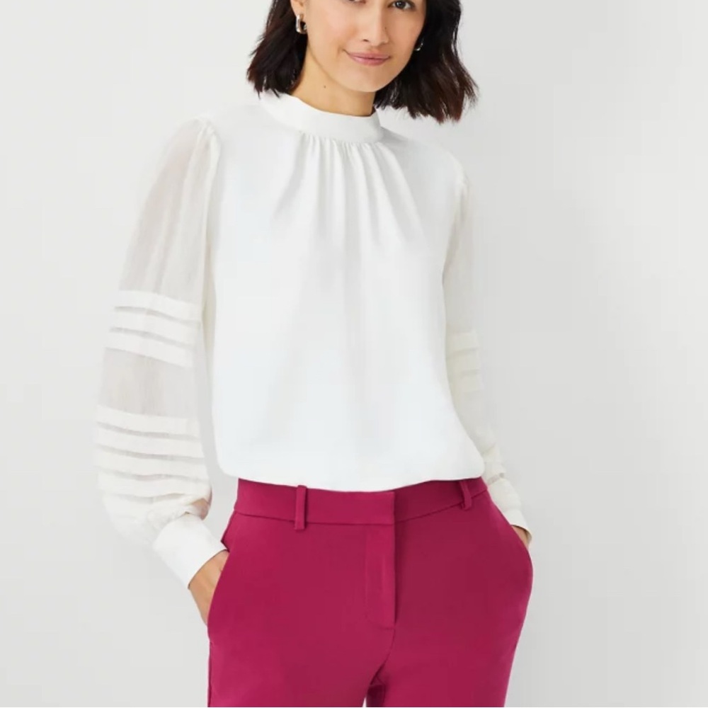 Ann Taylor white Blouse with Sheer Sleeves